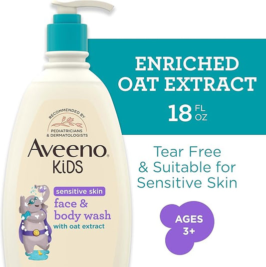 Aveeno Kids Sensitive Skin Face and Body Wash with Oat Extract, Gently Washes Away Dirt and Germs Without Drying, Tear-Free, Hypoallergenic Kids Body Wash, 18 fl. oz, 2 Pack