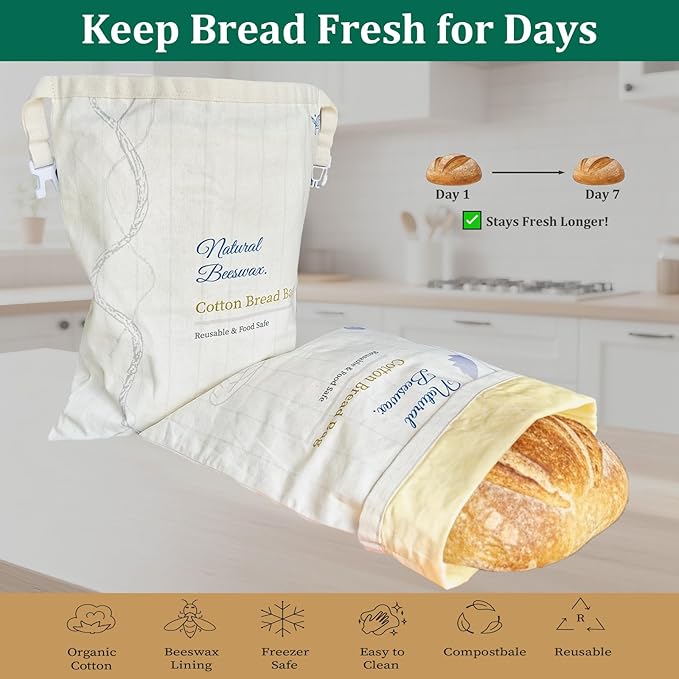 Reusable Beeswax Bread Bags for Sourdough and Homemade Bread, 2-Pack Extra Large Cotton Sourdough Bread Storage Bags