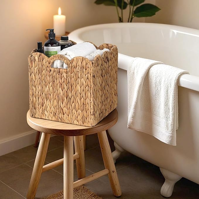 Set of 4 Foldable Scalloped Water Hyacinth Storage Cubes Basket, Storage Cube Bins -12"x12"x12", Collapsible Cube Organizers, Water Hyacinth Woven Bins for Bathroom, Bedroom, Laundry, Pantry, Shelves