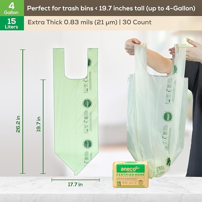 ANECO 4 Gallon Compostable Food Waste Bags with Handles, Extra Thick Compost Bags for Medium Kitchen Garbage/Bathroom Bin, OK Compost HOME & BPI Certified Compostable Bags