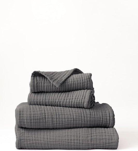 4 Pieces Muslin Towel Set for Bathroom, Luxury 100% Turkish Cotton Thin Soft Quick-Dry Lint-Free Large Size Bath Hand Towel Sets (Dark Gray, 2 Bath & 2 Hand Towel Set)