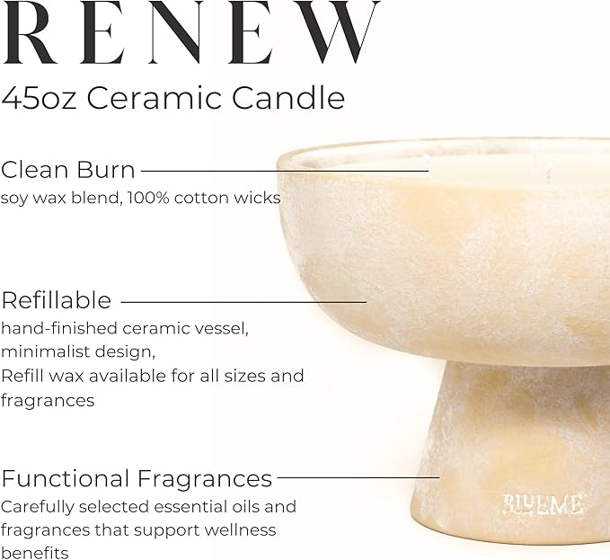 BLUEME Renew - Ivy & Rose, Luxury Candle w/Essential Oils, 6 Wick, Hand-Poured Soy, Cotton Wick, Ceramic