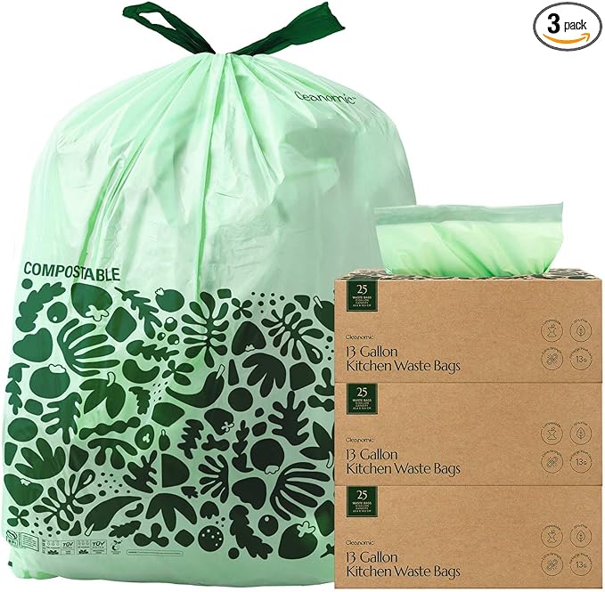 Cleanomic Compostable* 13 Gallon Trash Bags with Drawstring (3 Pack, 75 Count), BPI Certified For Kitchen Compost