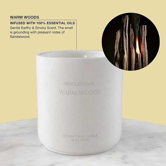 WHOLESOME. Warm Woods Scented Non Toxic Candles - 100% Natural Coconut Wax Candle, 90 Hours Burn, 2 Wicks, Aromatherapy & Stress Relief Candles, Vegan Candle, 16 oz Concrete Jar