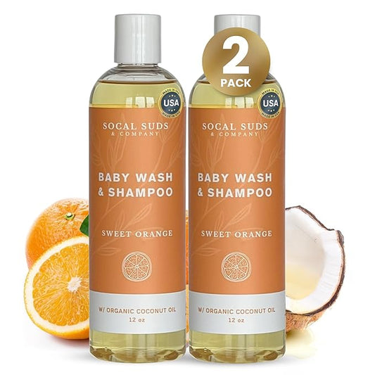 SoCal Suds & Company Organic Baby Shampoo and Body Wash - 2-in-1 Castile Soap, Hypoallergenic, Sensitive Skin, Natural Soap, Toddler Shampoo, Infant, Newborn, Kids Body Wash - 12oz Sweet Orange 2Pk