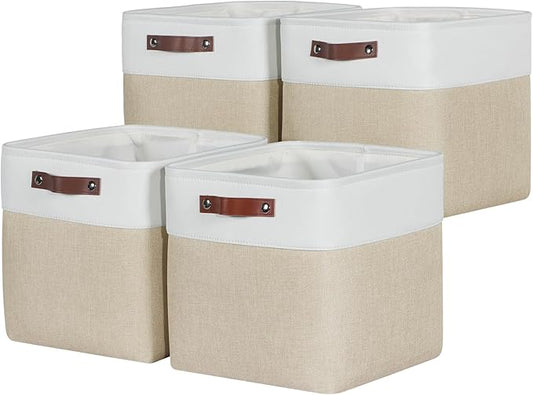 Univivi 12x12 Storage Cube Bins set of 4 Cube Organizer with Handles|Hard Bottom Fabric Closet Storage Organizer Baskets for Shelves (Khaki)