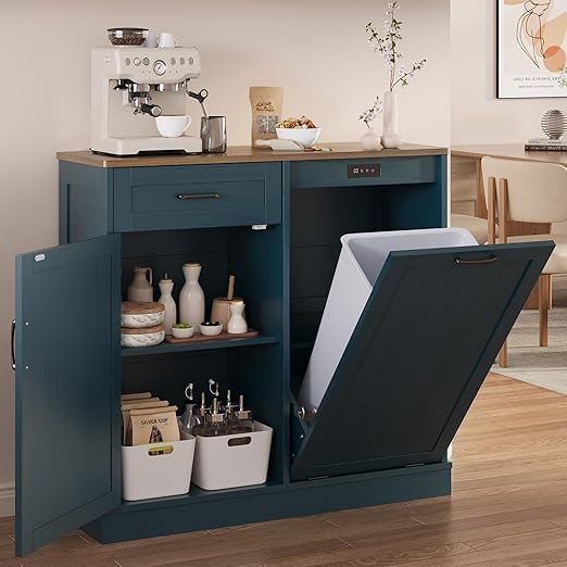 Double Tilt Out Trash Cabinet, Kitchen Island with Trash Storage, Trashcan Cabinet for Kitchens, Wood Cabinet with Trash Can Pull Out, Dog Proof Trash Can (Blue, 10 Gal)