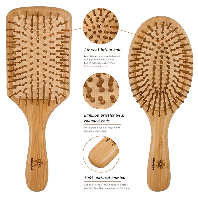 Zhuoyue Wooden Bamboo Hair Brush - Paddle Hair Brush Set with Bamboo Bristle Reduce Frizzy & Massage Scalp 2 pcs