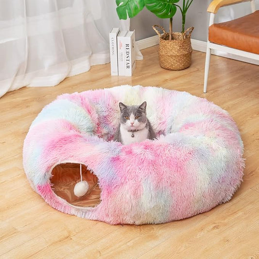 LUCKITTY Warm Fluffy Plush Cat Dog Tunnel Bed with Washable Cushion-Big Tube Playground Toys 3 FT Diameter Longer Crinkle Collapsible 3 Way, for Indoor Cat Kitty Kitten Puppy Rabbit Ferret Rainbow