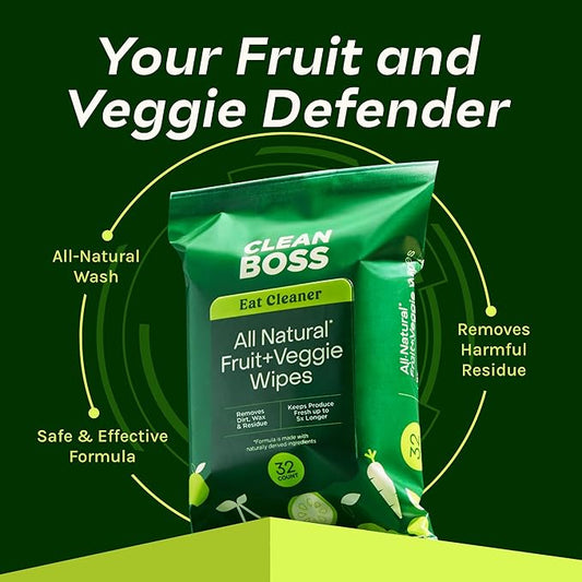 CleanBoss Eat Cleaner Fruit + Veggie Wipes - 32 Count, Pack of 2 - Removes Harmful Residue - Keeps Produce Fresh Up to 5X Longer - Vegan, Gluten Free - 64 Wipes Total