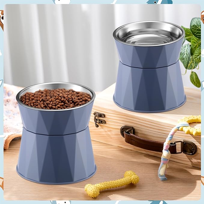 Lallisa 2 Pcs Elevated Cat Bowls Adjustable Raised Cat Feeder Non Slip Food Water with Stand Safe Stainless Steel Bowls with Pet Food Stand for Pets Feeding Eating(Blue)