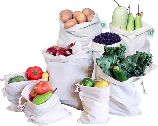 Reusable Cloth Produce Bags - Organic Cotton Cloth Vegetable Bags - Reusable Bulk Sacks for Grocery and Produce - Flour Sack Cotton Muslin Vegetable Storage Sacks (2 XL, 2 L, 2 M, 2 S)