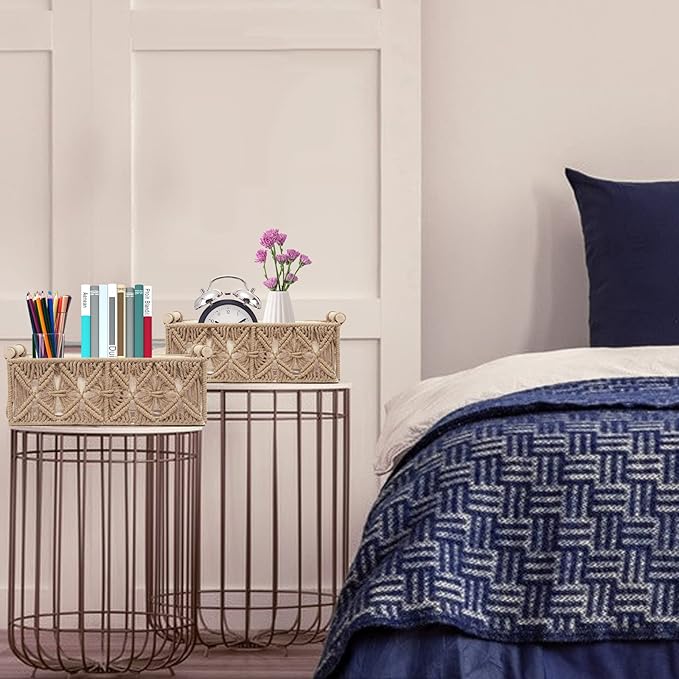 Macrame Storage Basket Boho Decor Baskets for Organizing Woven Decorative Basket for Countertop Toilet Paper Basket for Toilet Tank Top Shelf Basket with Handle for Bathroom Decor Nursery (Set of 2)