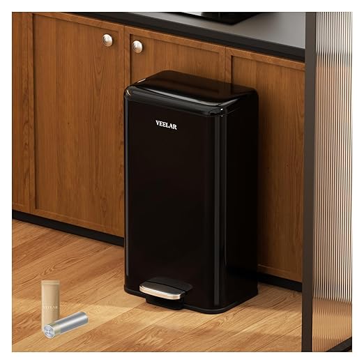 Kitchen 8Gallon(30L) Trash Can - Stainless Steel Garbage Cans with Foot Pedal, Tall Trash Can with Lid for Bathroom Office (Black)