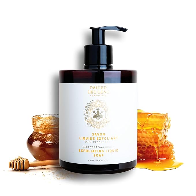 Panier des Sens - Liquid Hand Soap – Honey Exfoliating Hand Wash - French Marseille Moisturizing Soap with Coconut Oil - Refillable Kitchen & Bathroom Hand Soap - 97% Natural Ingredients -16.9 Fl.oz