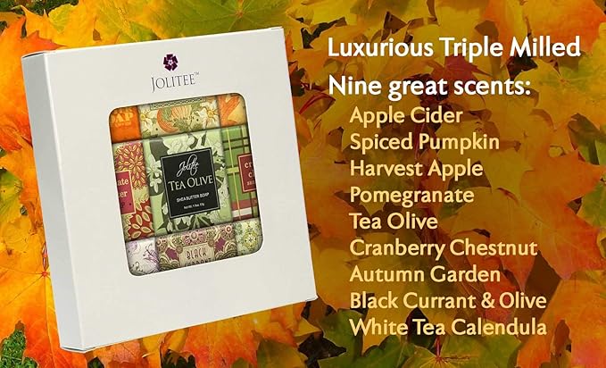 Jolitee French Milled Botanical Soap Sampler Set of 9 - Individually Wrapped Vegetable-Based Mini Soaps with Essential Oils, Shea Butter, and Natural Extracts (Fall Fun)