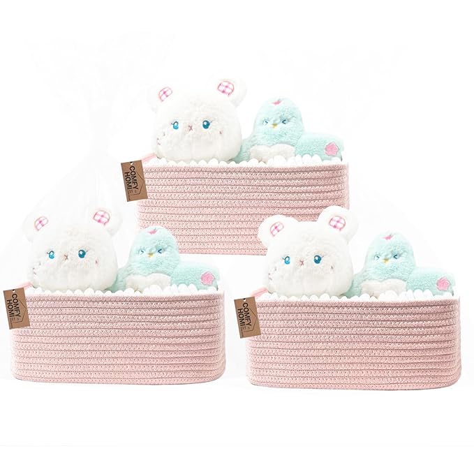 COMFY-HOMI 11.5"x7.5"x4.7" Storage Baskets for Organizing | Cotton Rope Woven Basket | Toy Storage Bin Box | Basket for Shelves, Closet Organizer Bin, Decorative Closet Shelf, 3 Pack, all pink