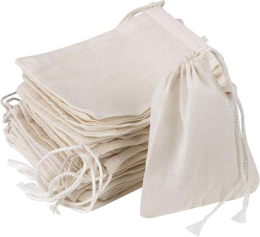 20 Pcs Muslin Drawstring Bags - Natural Unbleached Cotton Straining Herbs Cheesecloth Bags for Coffee Tea Brew, Soup Gravy Broth Stew, Bone Broth Brew, Spice, 4 x 3 Inches