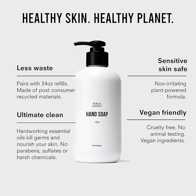 Public Goods Hand Soap | Cleansing Soap for Kitchen & Bathroom | Made with Natural Essential Oils | Paraben & Sulfate Free | Vegan Friendly | Made in Canada | 12 Fl Oz Bottle with Dispenser Pump