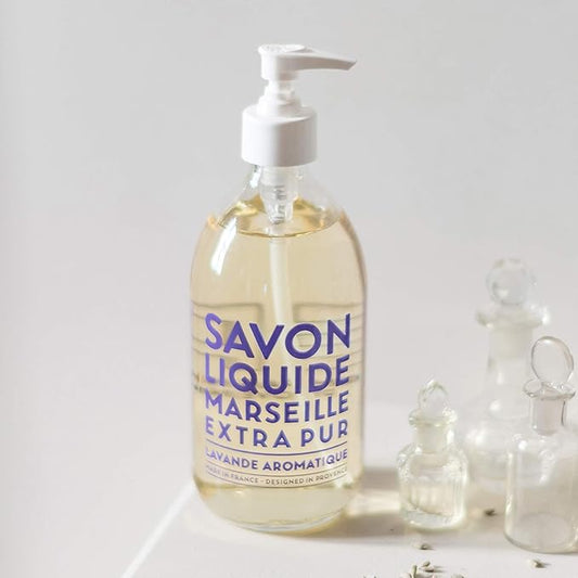 Compagnie de Provence Savon de Marseille Extra Pure Liquid Soap - Aromatic Lavender - 16.7 Fl Oz Glass Pump Bottle and 33.8 fl oz Plastic Bottle Refill