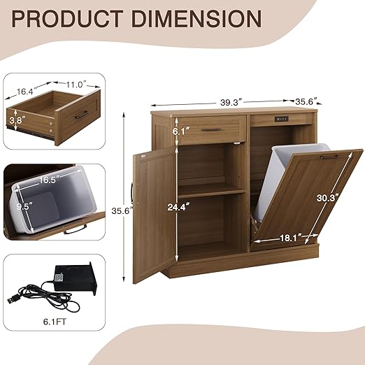 Double Tilt Out Trash Cabinet, Kitchen Island with Trash Storage, Trashcan Cabinet for Kitchens, Wood Cabinet with Trash Can Pull Out, Dog Proof Trash Can (Light Coffee, 10 Gal)