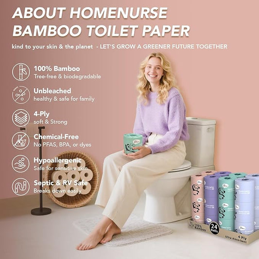 Home Nurse - Bamboo Toilet Paper, 4-ply 12 Rolls | Strong & Soft, Organic Natural Plant Based, Unbleached & Non Toxic, Tree Free Eco Friendly, Chemical Free, No Dust