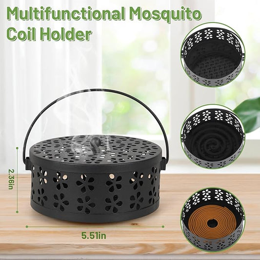 Portable Iron Mosquito Coil Holder with Handle Round Heat-Resistant Incense Holder (Black)