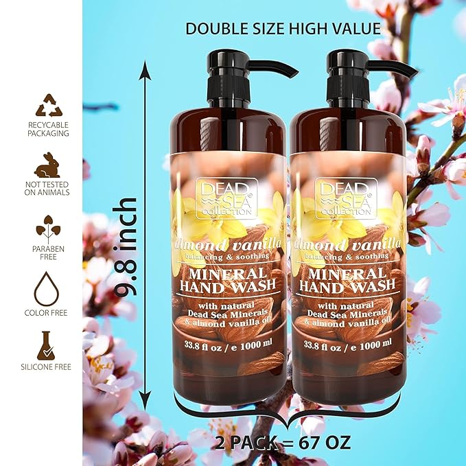 Dead Sea Collection Hand Soap Pump Almond Vanilla - Moisturizing Hand Wash Liquid with Dead Sea Minerals - Almond Vanilla Oils, Balancing & Soothing Pack of 2 (33.8 Fl Oz Each) - 67.6 Fl Oz Total