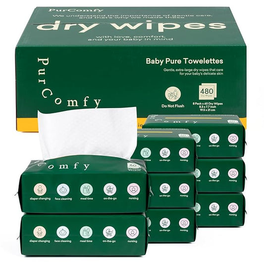 PurComfy Baby Dry Wipes for Newborn, 8 Pack Plant-Based & Hypoallergenic Disposable Cloths for Baby Diaper Changes, Meal Time & Runny Noses, Use Wet or Dry, Total 480 Count