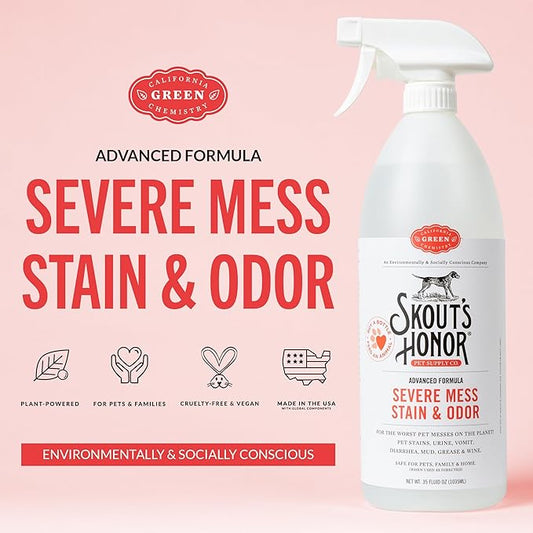 SKOUT'S HONOR Severe Mess, Stain and Odor Remover - Advanced Formula for Tackling the Worst Dog Messes, Eco-Friendly Formula for Carpets and Home, 35oz