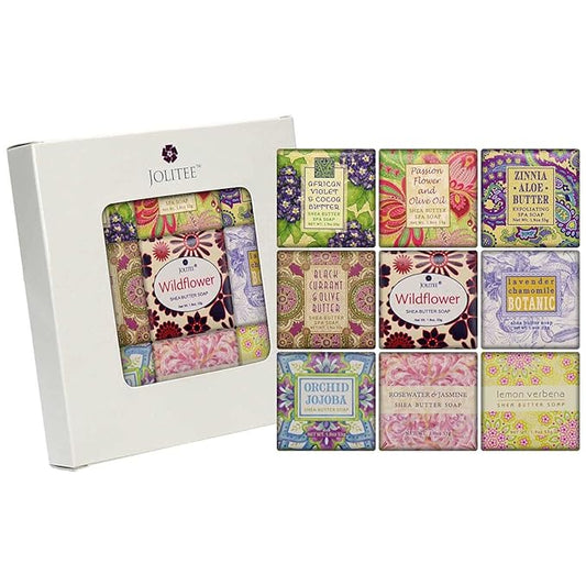 Jolitee French Milled Botanical Soap Sampler Set of 9 - Individually Wrapped Vegetable-Based Mini Soaps with Essential Oils, Shea Butter, and Natural Extracts (Floral Favorites)