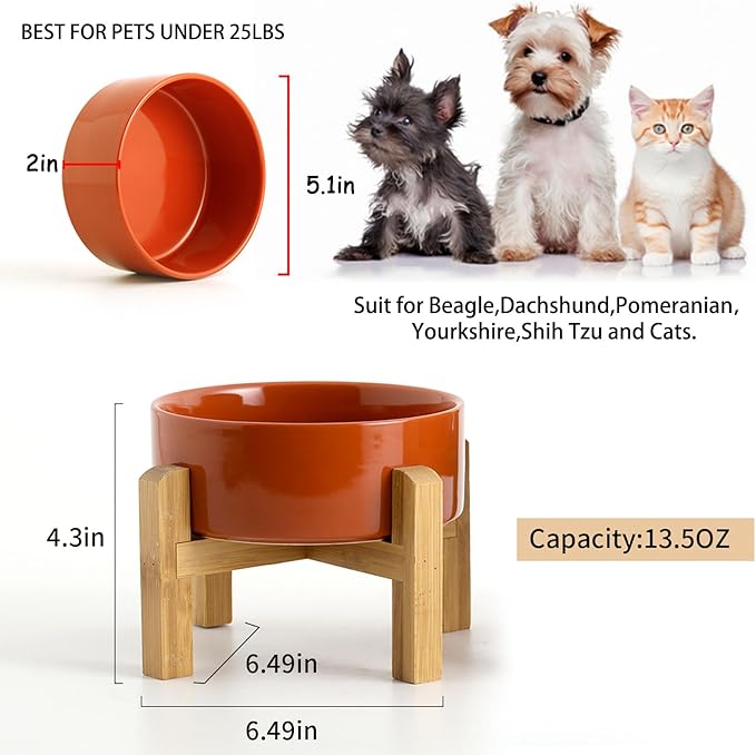 Petygooing Rust Red Elevated/Raised Ceramic Dog Bowl for Small Breeds, Dog Food Water Dish with Stand,Pet Feeding Bowl with Anti Slip Rubber for Cats and Small Dogs Puppy 13.5 OZ (5.1In / 1.7 Cups)
