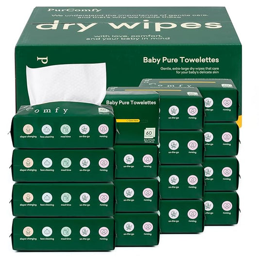 PurComfy Baby Dry Wipes for Newborn, 16 Pack Plant-Based & Hypoallergenic Disposable Cloths for Baby Diaper Changes, Meal Time & Runny Noses, Use Wet or Dry, Total 960 Count