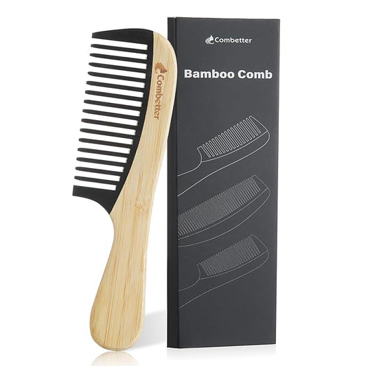 Bamboo Detangling Comb, Anti Static Comb for Curly, Thick, Think Hair & Beard, Eco-Friendly Durable Bakelite Infused Hair Comb for Women,Men (Wide Tooth with Handle)