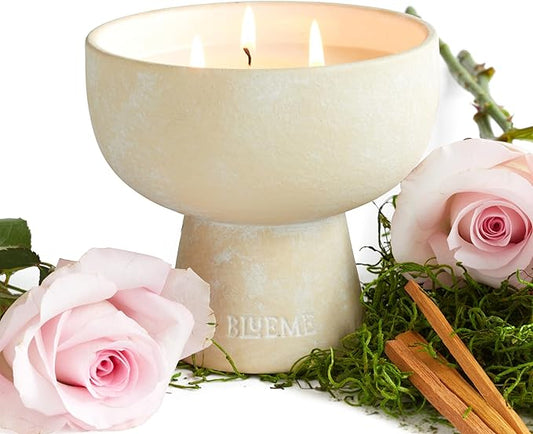 BLUEME Romance - Oakmoss & Sandalwood, Luxury Candle w/Essential Oils, 3 Wick, Hand-Poured Soy, Cotton Wick, Ceramic