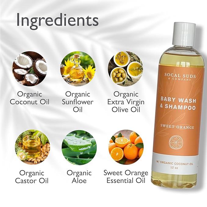 SoCal Suds & Company Organic Baby Shampoo and Body Wash - 2-in-1 Castile Soap, Hypoallergenic, Sensitive Skin, Natural Soap, Toddler Shampoo, Infant, Newborn, Kids Body Wash - 12oz Sweet Orange 2Pk