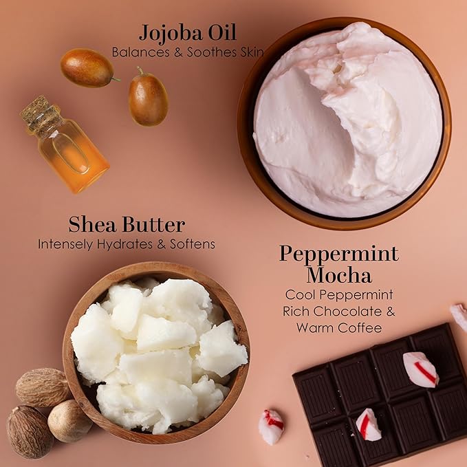 Peppermint Mocha Body Butter with Raw Shea Butter and Jojoba Oil, Holiday Body Moisturizer for Dry Skin, Christmas Lotion, Limited Edition