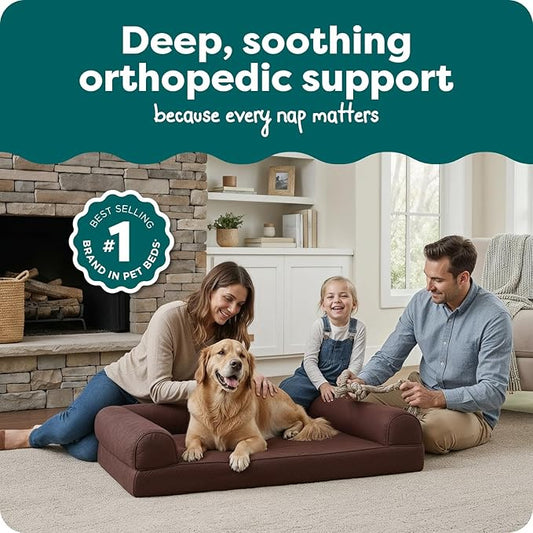 FurHaven Classic Sofa Orthopedic Dog Bed for Large Dogs, with Orthopedic Egg Crate Memory Foam for Joint Support, Removable Washable Cover, Jumbo/XL, Quilted Sofa, Coffee