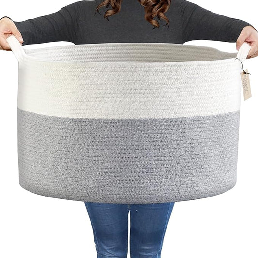 COMFY-HOMI XXXL Large Laundry Basket, Cotton Rope Nursery Woven Basket for Storage, Blanket Baskets Living Room Laundry Hamper, Dog Toy Storage Organizer, Home Decor-21''x21''x13.6''-White/Grey