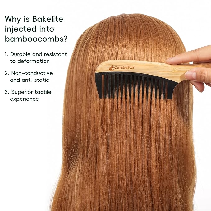 Bamboo Detangling Comb, Anti Static Comb for Curly, Thick, Think Hair & Beard, Eco-Friendly Durable Bakelite Infused Hair Comb for Women,Men (Wide Tooth with Handle)