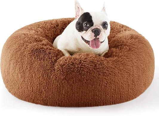 Bedsure Calming Dog Bed for Small Dogs - Donut Washable Small Pet Bed, 23 inches Anti-Slip Round Fluffy Plush Faux Fur Large Cat Bed, Fits up to 25 lbs Pets, Copper