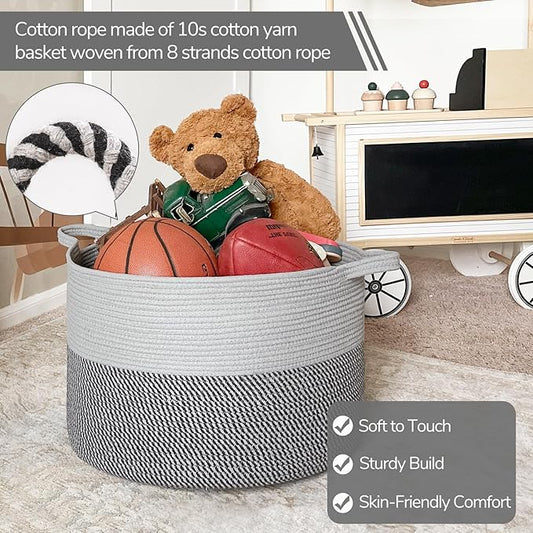 INDRESSME Extra Large Laundry Basket, Cotton Rope Blanket Basket for Nursery Living Room, Decorative Woven Storage Basket with Handles for Dirty Clothes, Toy Bin For Dog Toys, 21.7 x 13.8 inches, Grey