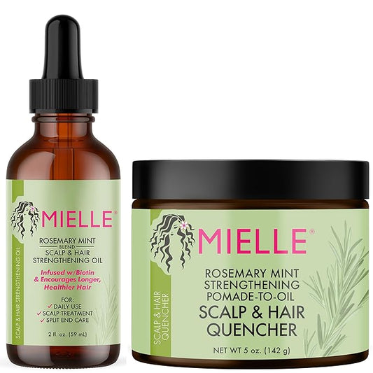 Mielle Organics Rosemary Mint Scalp & Hair Strengthening Oil and Pomade-To-Oil Quencher, Bundle