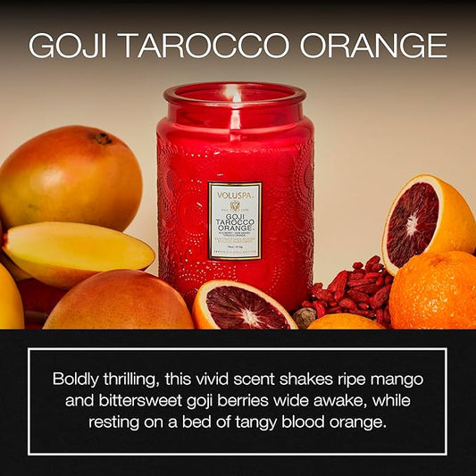Voluspa Goji Tarocco Orange, Large Candle Jar, 18 oz, 100 Hour Burn Time, All Natural Wicks and Coconut Wax for Clean Burning, Vegan, Poured in the USA