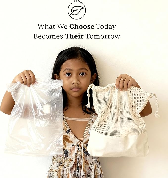 LEAFICO Reusable Produce Bags – 100% Cotton Mesh & Solid Hybrid (Mixed Sizes 8 Pcs – S/M/L/XL) – Multi-Use Grocery & Storage Bags for Fruit, Vegetables, Toys, Clothes, Travel – Washable, Zero Waste