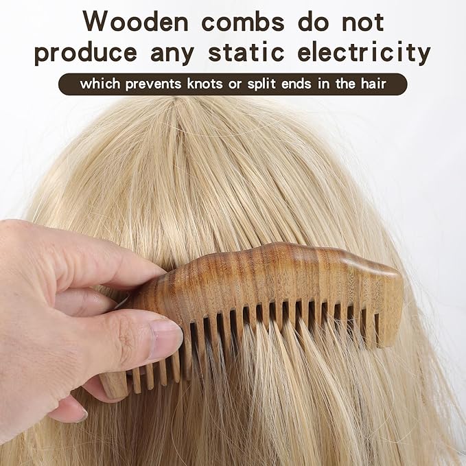 Wooden Comb, Natural Sandalwood Wide Tooth Combs Handmade Anti-Static Wood Comb Wood Massage Comb Prevents Static Styling Detangling Tool for Women Girls Straight Curly Thick Wavy Hair