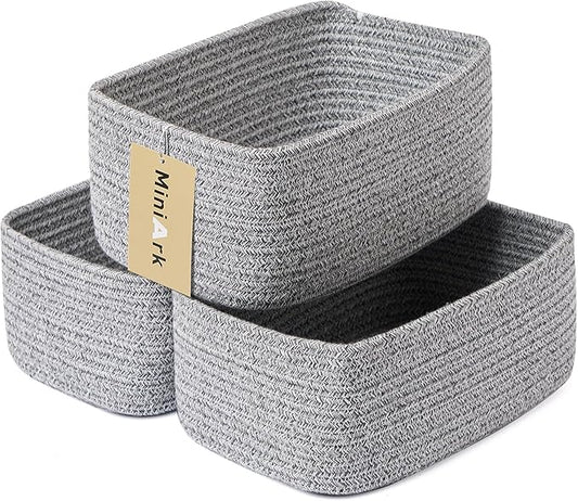Small Storage Baskets for Organizing | Closet Organizer Bins | Shelf Toy Basket | Woven Rope Baskets | Cube Decorative Box | Shallow Basket | 11.5x7.5x4.7” | 3 Packs Mixed Grey