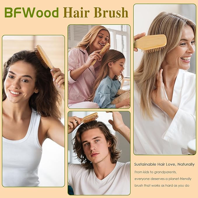 BFWood Bamboo Paddle Hairbrush with Bamboo Bristles for Massaging Scalp