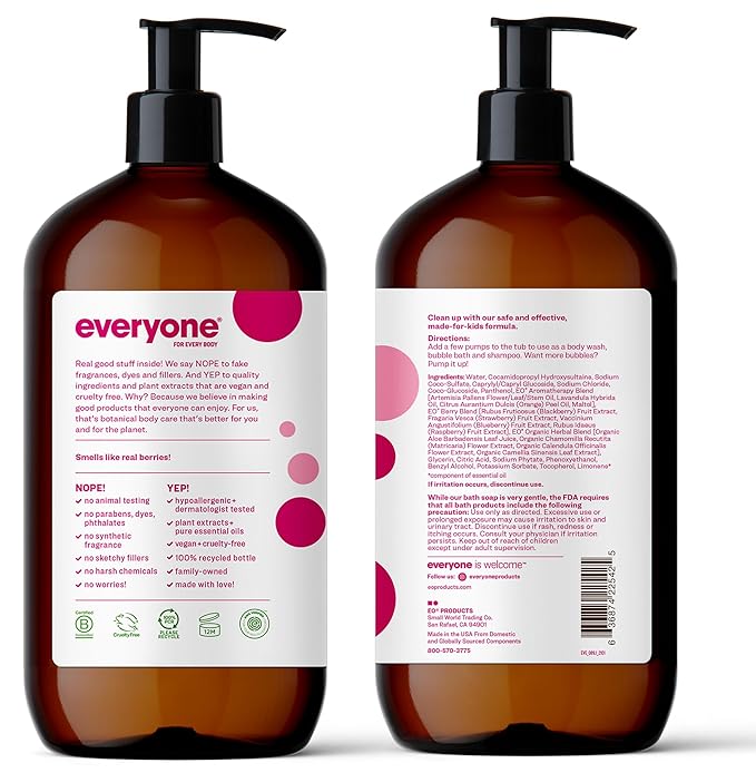 Everyone 3-in-1 Kids Soap, Body Wash, Bubble Bath, Shampoo, 32 Ounce (Pack of 2), Berry Blast, made with Essential Oils for Toddlers, tweens and teens