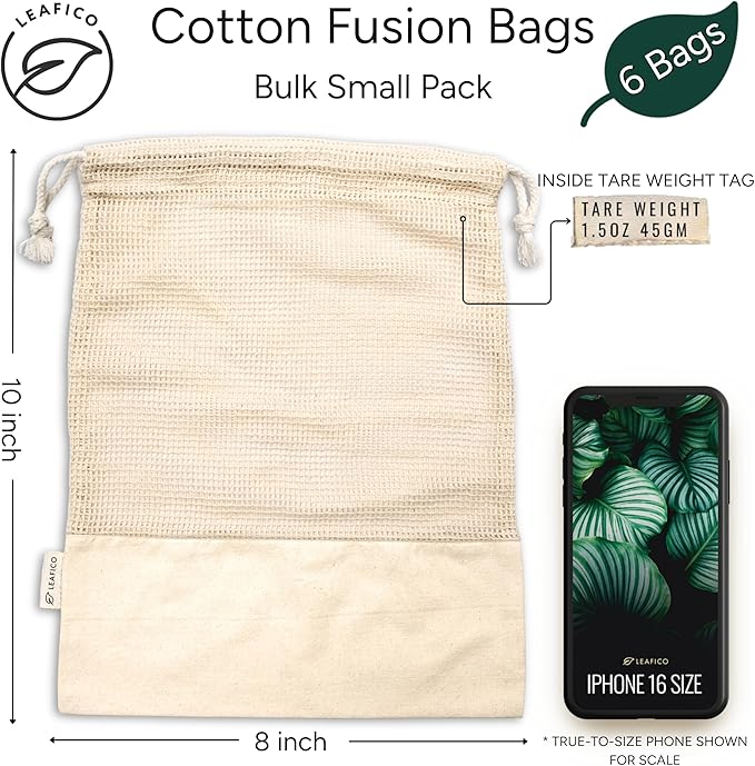 LEAFICO Reusable Produce Bags – 100% Cotton Mesh & Solid Hybrid (Small 8x10 inch 6 Pcs) – Cloth Grocery Bags for Garlic, Nuts, Onions, Bulk Snacks – Washable, Plastic-Free, Breathable, Zero Waste